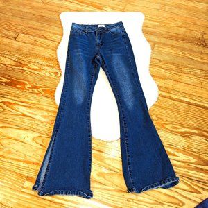 Bamboo High Rise Flare Denim Jeans with Split Seam at Calf and Ankle
